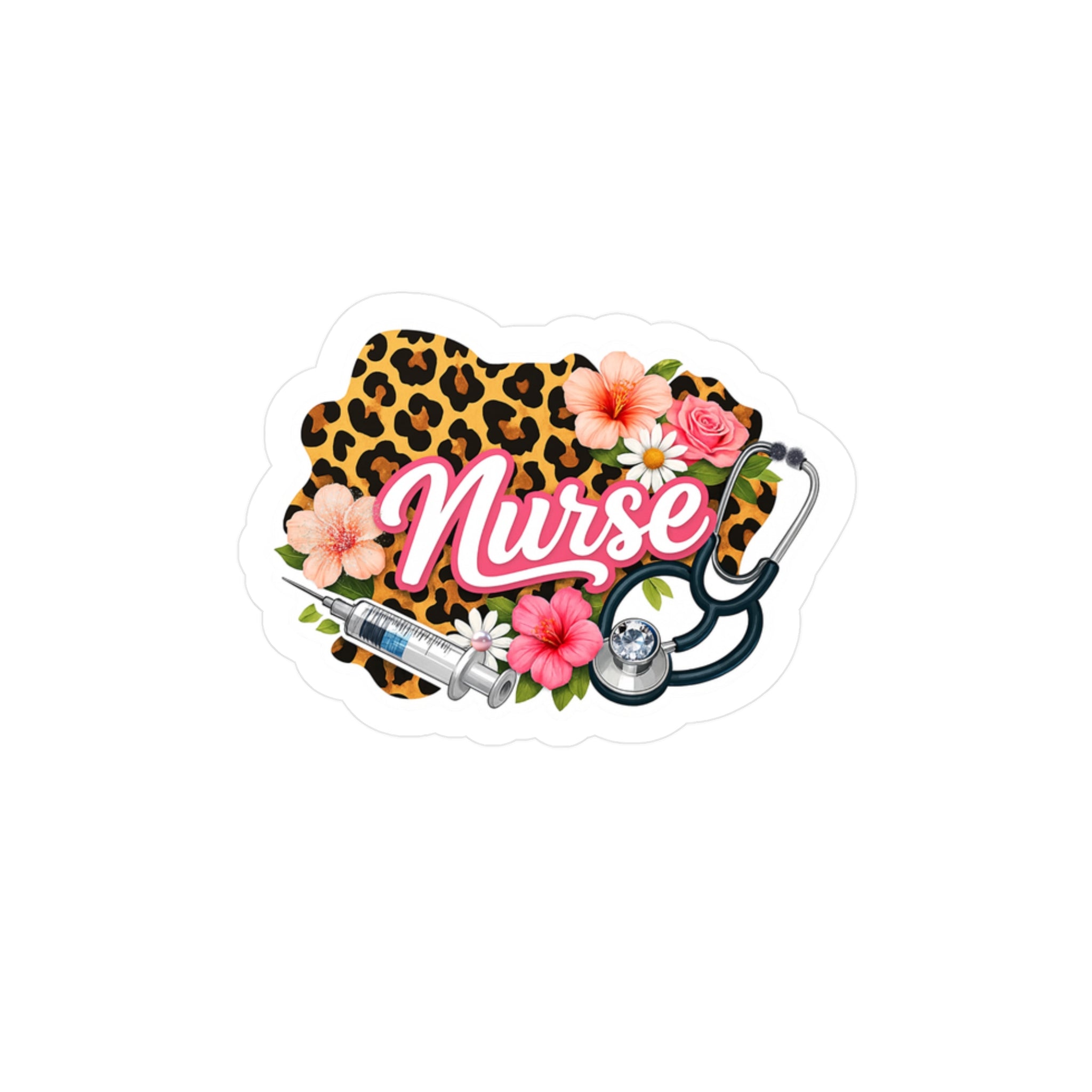 Nurse Leopard Floral Kiss-Cut Vinyl Decal — Stethoscope & Syringe Sticker